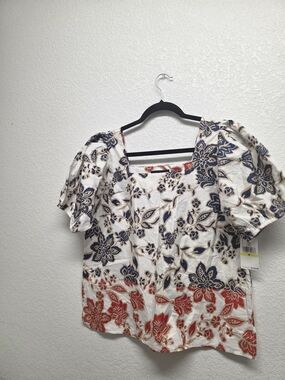 Karen Kane 100% Cotton Square Neck Floral Puff Sleeve Top Size Medium